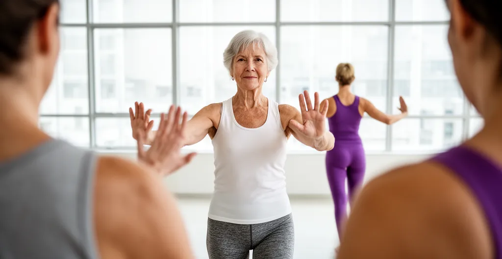 Femme senior suivant un cours de gymnastique douce dans une salle lumineuse
