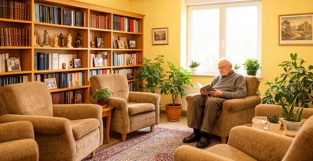 Senior homme lisant dans un salon bibliothèque chaleureux près d'une fenêtre