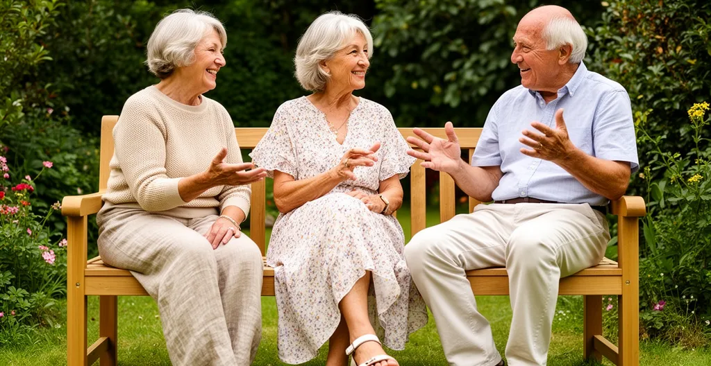 Trois seniors discutant sur un banc dans un jardin fleuri de résidence