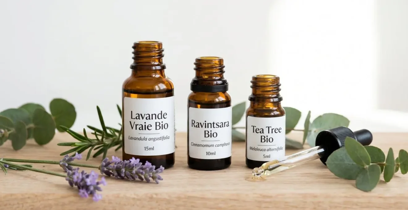 Trois flacons d'huiles essentielles bio en verre ambré étiquetés en français posés sur bois clair avec lavande, romarin et eucalyptus frais