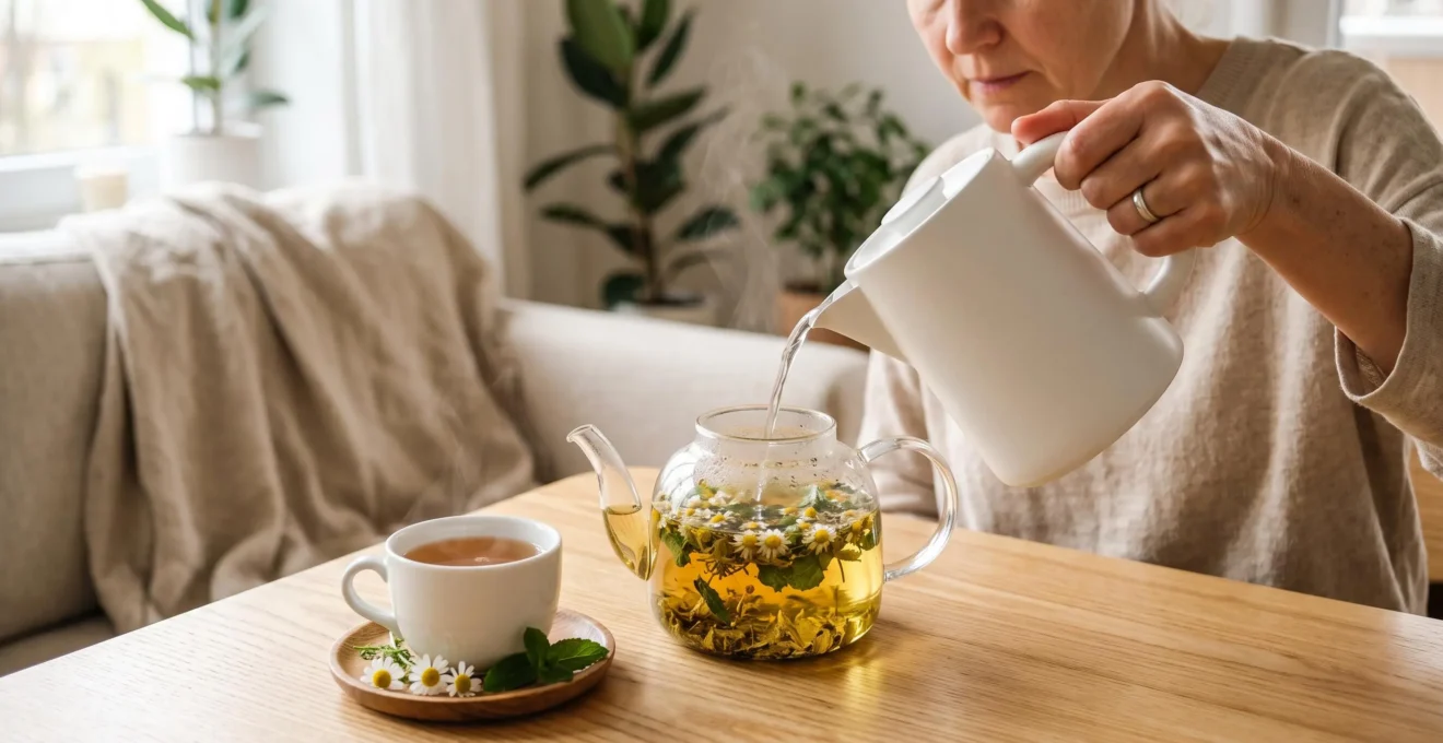 Main versant eau chaude d'une bouilloire dans théière en verre transparent contenant camomille et menthe fraîches sur table bois clair