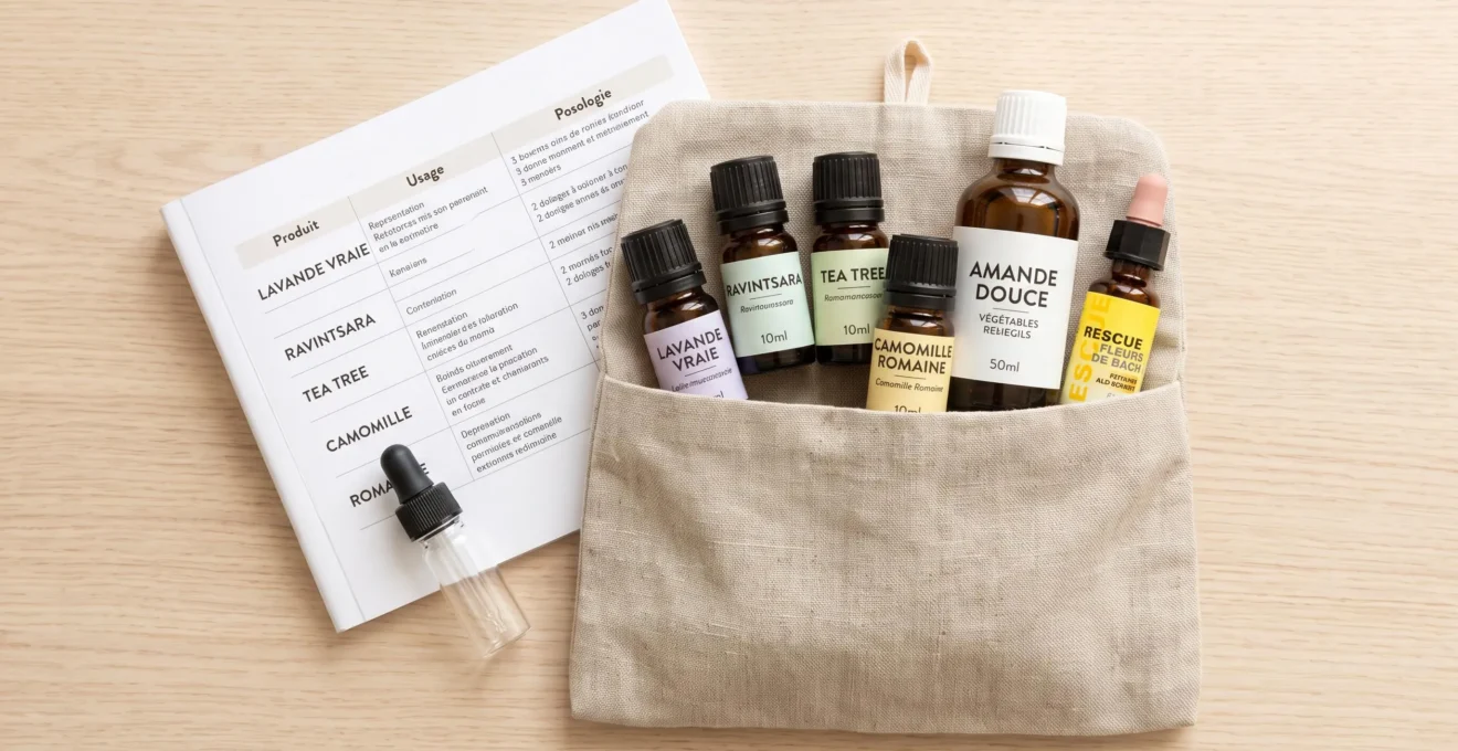 Trousse en tissu lin beige ouverte contenant six produits d'herboristerie étiquetés en français : huiles essentielles, huile végétale et fleurs de Bach